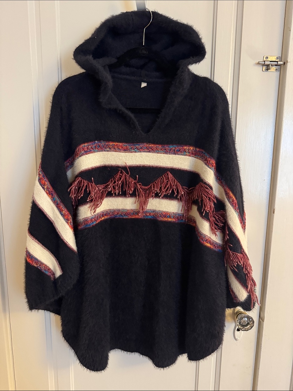 Black Hooded Fringe Poncho Sweater with Cream & Rust Stripes